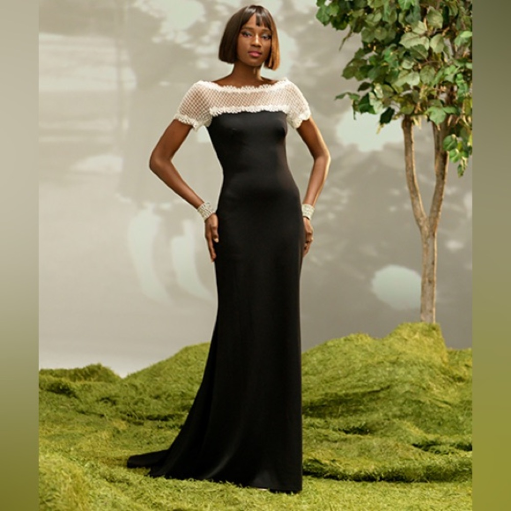 $388 Tadashi Shoji Lace Yoke Crepe Gown two-tone column black white maxi dress